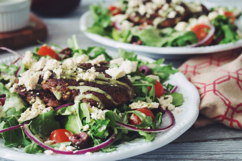 greek salad with mushroom walnut souvlaki_hot for food