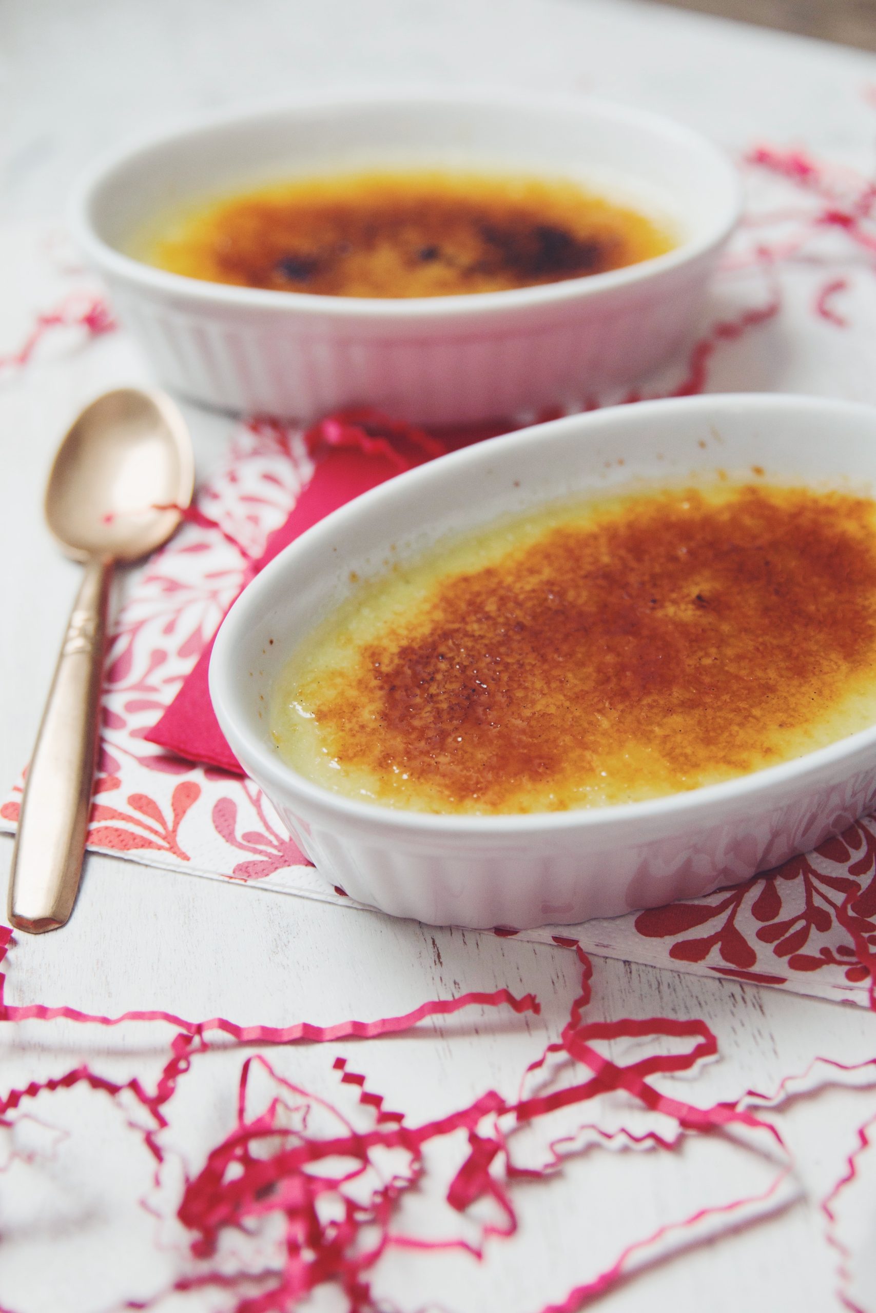 vegan creme brulee in a ramekin with caramelized sugar top