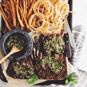 grilled portobello steaks with chimichurri & onion strings_hot for food