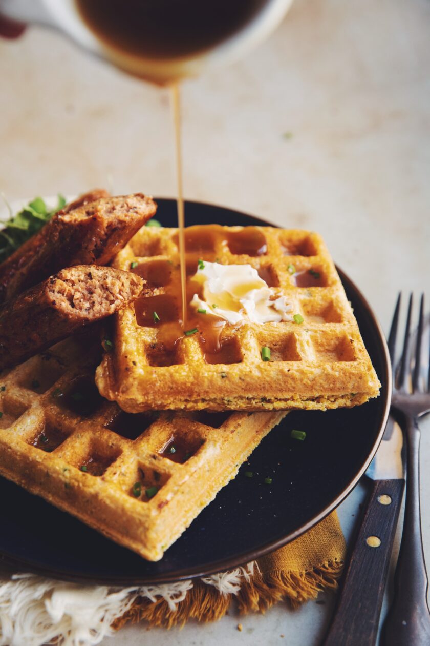 vegan cornbread waffles with sausage