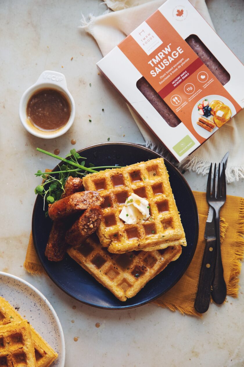 vegan cornbread waffles with sausage