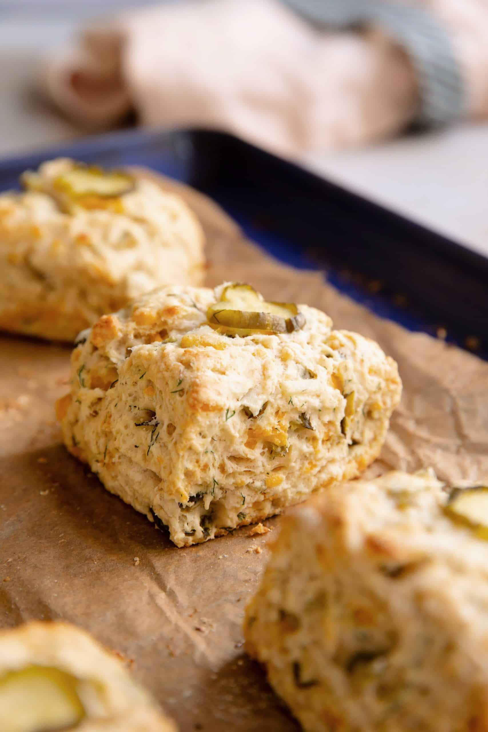 pickle cheddar biscuits on a baking tray