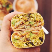 vegan tater tot breakfast burrito cut in half