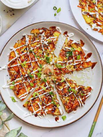 vegan okonomiyaki, sliced to show interior