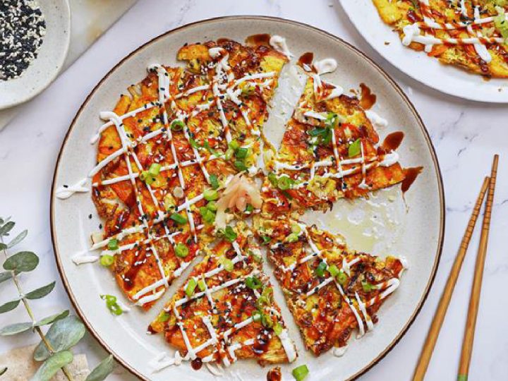 vegan okonomiyaki, sliced to show interior