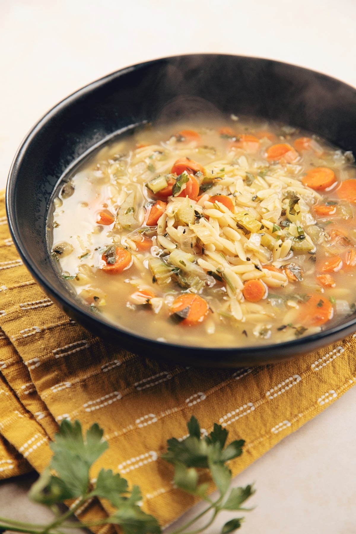 bowl of lemon orzo vegetable soup