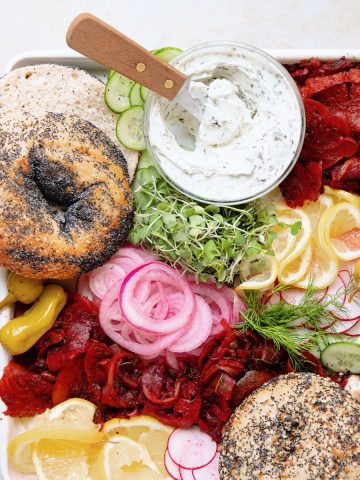 vegan bagel board with lots of toppings