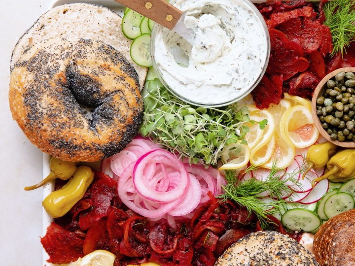vegan bagel board with lots of toppings