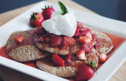 buckwheat pancakes with brandied strawberries & coconut whip_hot for food