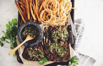 grilled portobello steaks with chimichurri & onion strings_hot for food