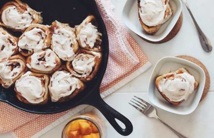 spiced peach cinnamon rolls with whiskey peaches_hot for food